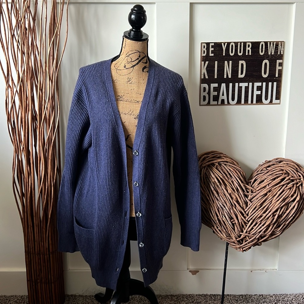 Charles Nolan New York 100% Wool Blue Cardigan Sweater